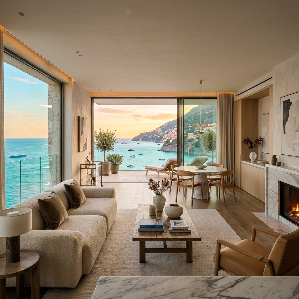 Luxuriöses Wohnzimmer mit Panoramablick auf das Meer